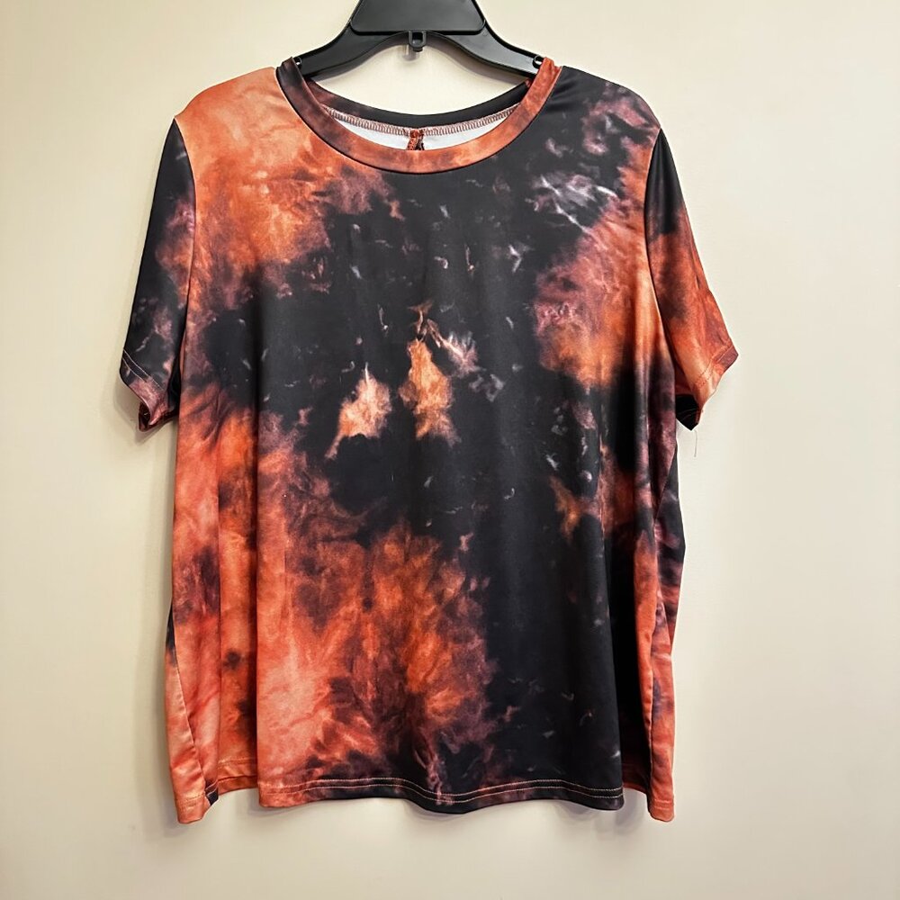 SHEIN Curve 0XL Black Orange Tie Dye Open Back Tee Top - Picture 2 of 6